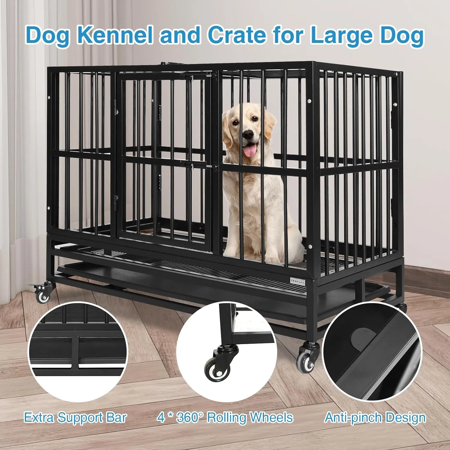 Heavy Duty Dog Kennel, 37-Inch, Black, Indestructible Steel Frame, Portable, With Wheels, Double Doors, Sturdy Locks, Tray, Black