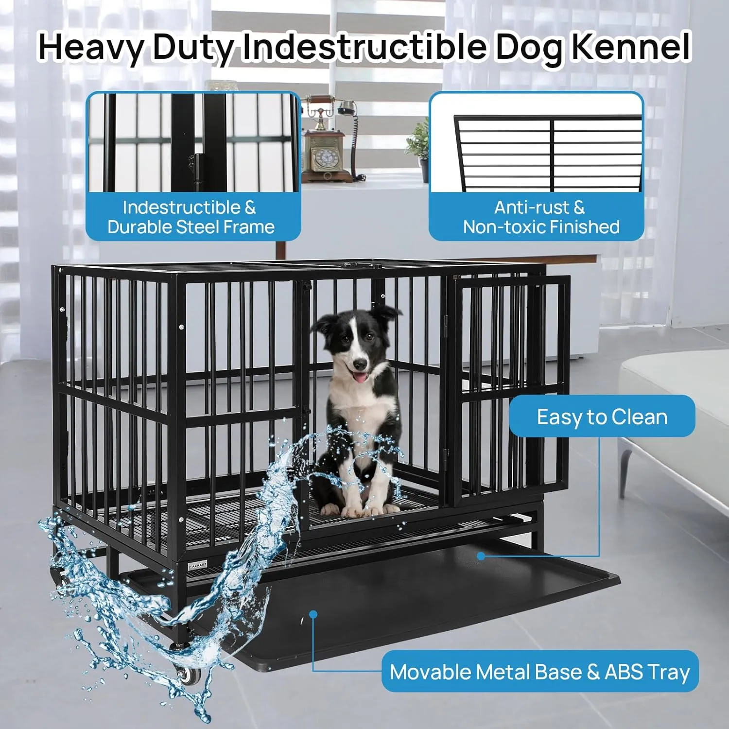 Heavy Duty Dog Kennel, 37-Inch, Black, Indestructible Steel Frame, Portable, With Wheels, Double Doors, Sturdy Locks, Tray, Black