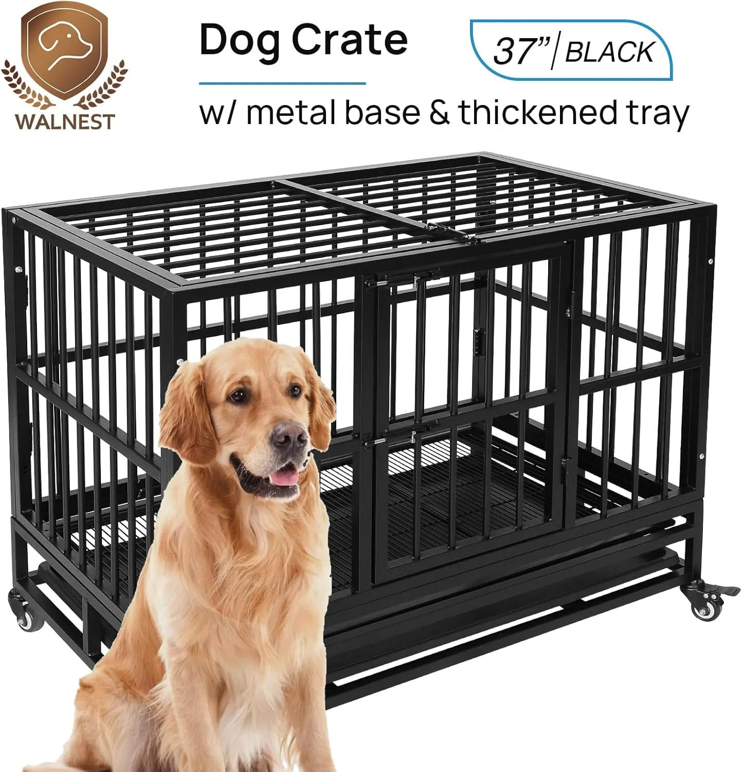 Heavy Duty Dog Kennel, 37-Inch, Black, Indestructible Steel Frame, Portable, With Wheels, Double Doors, Sturdy Locks, Tray, Black