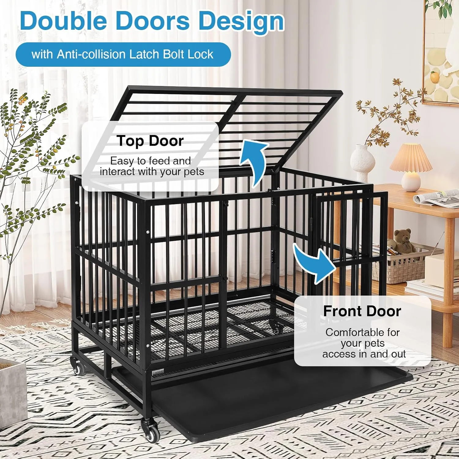 Heavy Duty Dog Kennel, 37-Inch, Black, Indestructible Steel Frame, Portable, With Wheels, Double Doors, Sturdy Locks, Tray, Black