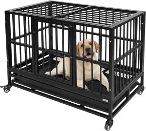 Heavy Duty Dog Kennel, 37-Inch, Black, Indestructible Steel Frame, Portable, With Wheels, Double Doors, Sturdy Locks, Tray, Black