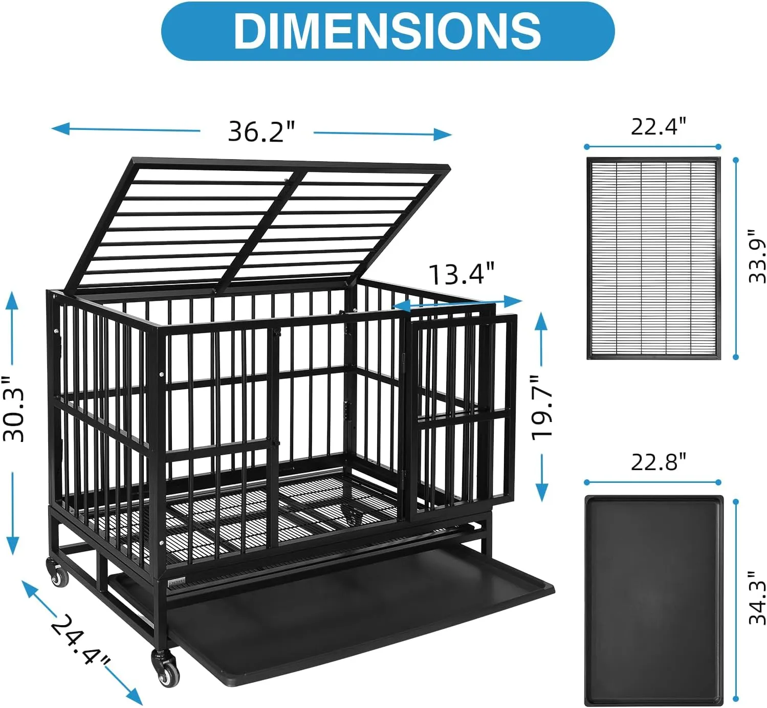 Heavy Duty Dog Kennel, 37-Inch, Black, Indestructible Steel Frame, Portable, With Wheels, Double Doors, Sturdy Locks, Tray, Black