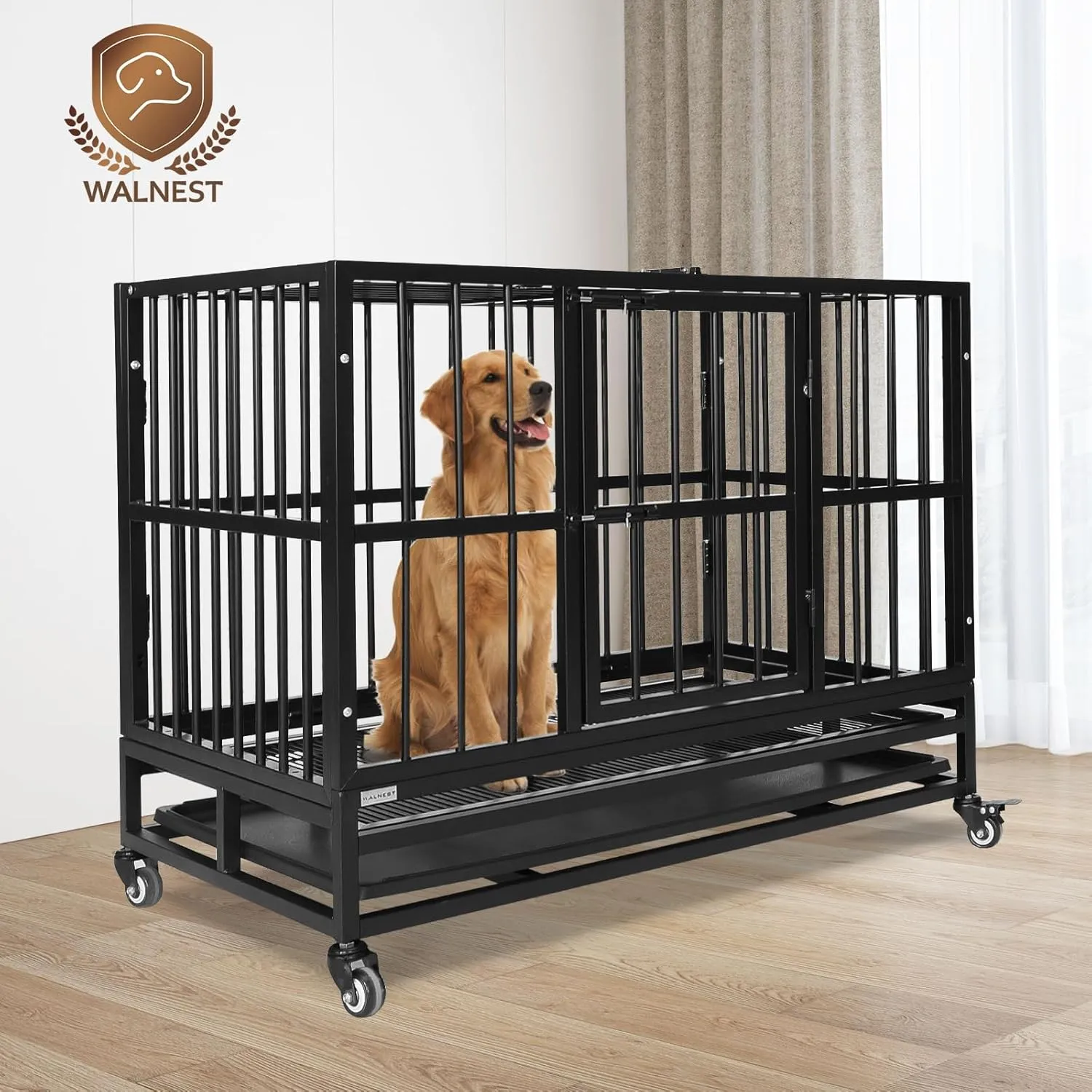 Heavy Duty Dog Kennel, 37-Inch, Black, Indestructible Steel Frame, Portable, With Wheels, Double Doors, Sturdy Locks, Tray, Black