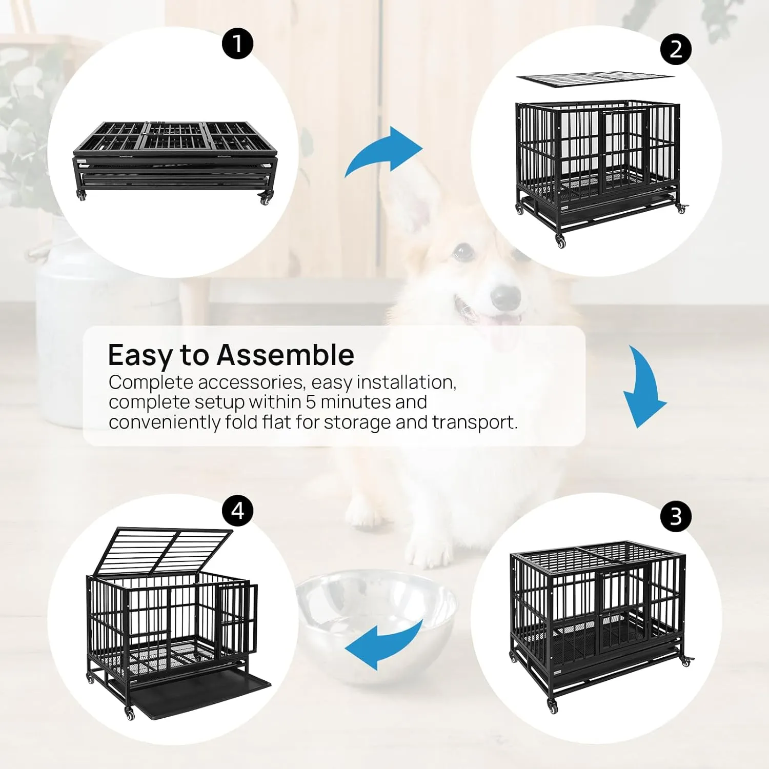 Heavy Duty Dog Kennel, 37-Inch, Black, Indestructible Steel Frame, Portable, With Wheels, Double Doors, Sturdy Locks, Tray, Black