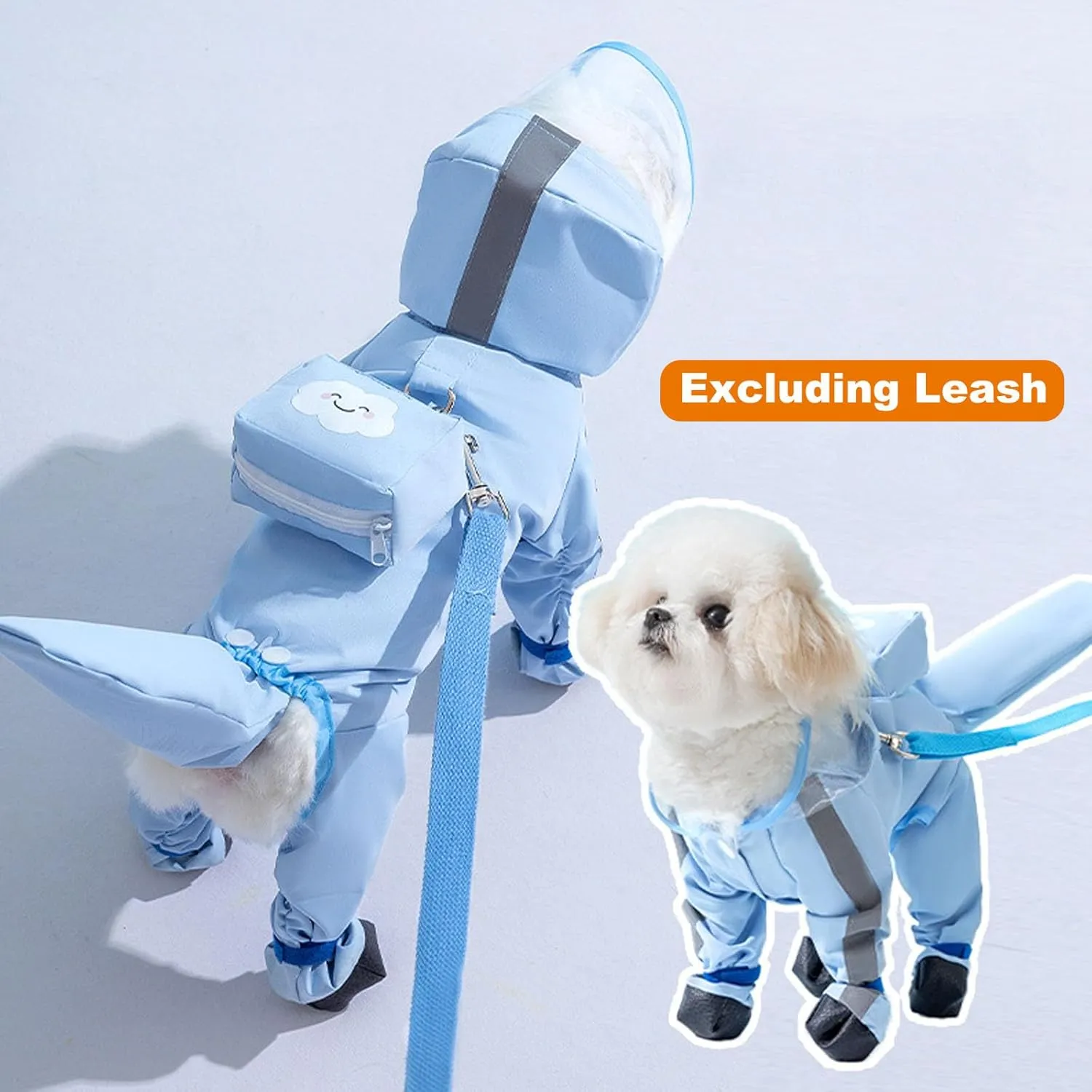 Junchl Small Dog Raincoat Rainboots with D-Ring, Full Coverage Dog Rain Jacket Slicker Poncho, Waterproof Dog Rain Jacket with Reflective Strip, Rainboot, Tail Cover Blue Backpack S