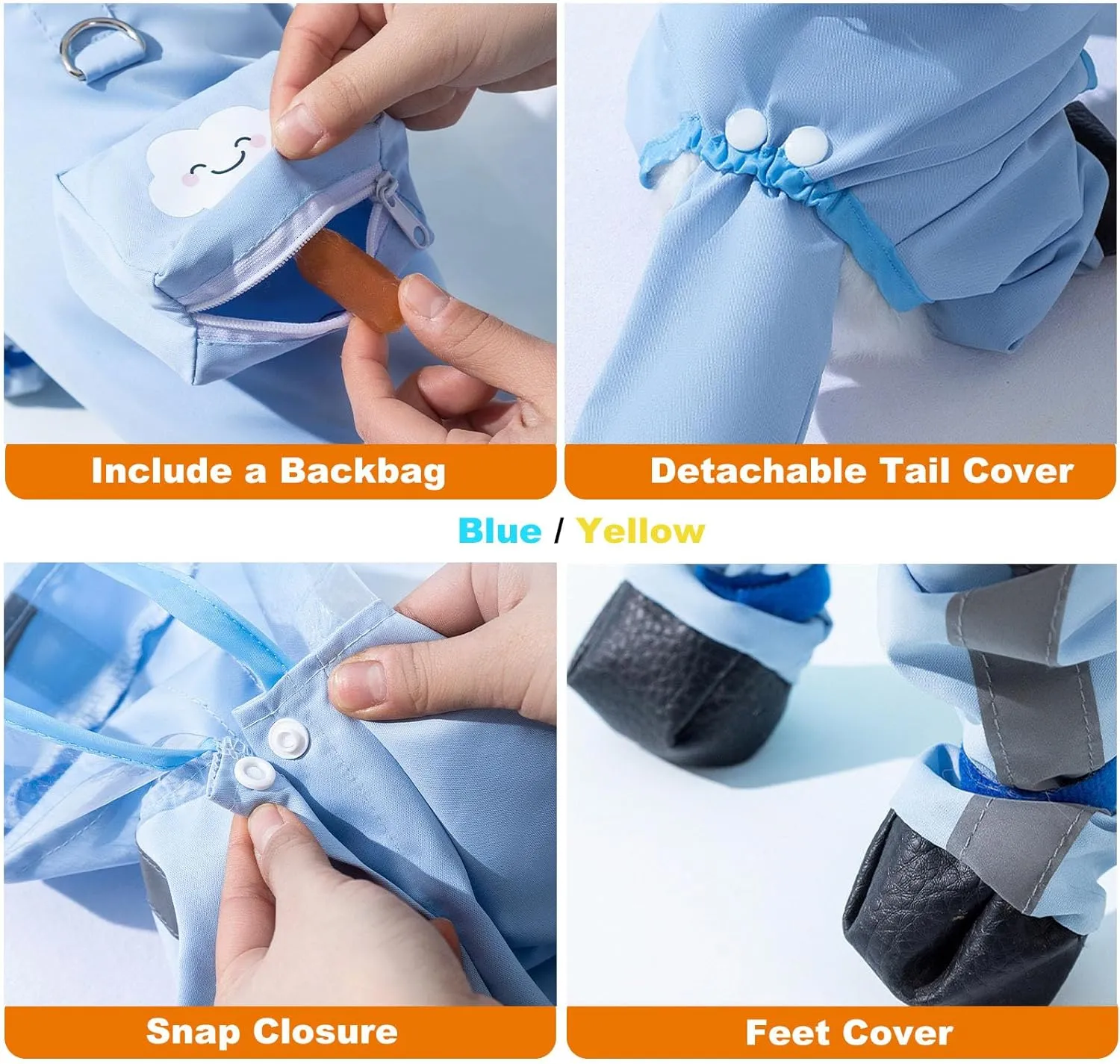 Junchl Small Dog Raincoat Rainboots with D-Ring, Full Coverage Dog Rain Jacket Slicker Poncho, Waterproof Dog Rain Jacket with Reflective Strip, Rainboot, Tail Cover Blue Backpack S