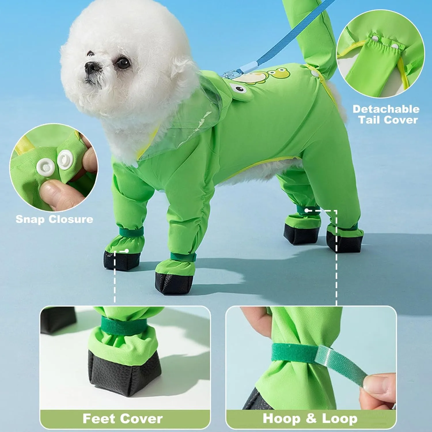 Junchl Small Dog Raincoat Rainboots with D-Ring, Full Coverage Dog Rain Jacket Slicker Poncho, Waterproof Dog Rain Jacket with Reflective Strip, Rainboot, Tail Cover Frog S