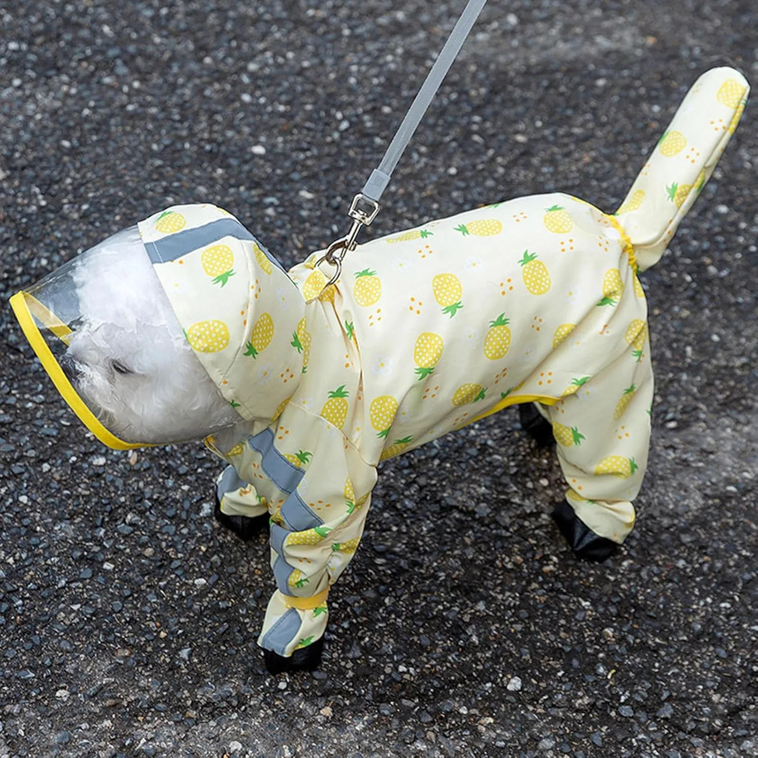 Junchl Small Dog Raincoat Rainboots with D-Ring, Full Coverage Dog Rain Jacket Slicker Poncho, Waterproof Dog Rain Jacket with Reflective Strip, Rainboot, Tail Cover Pineapple S