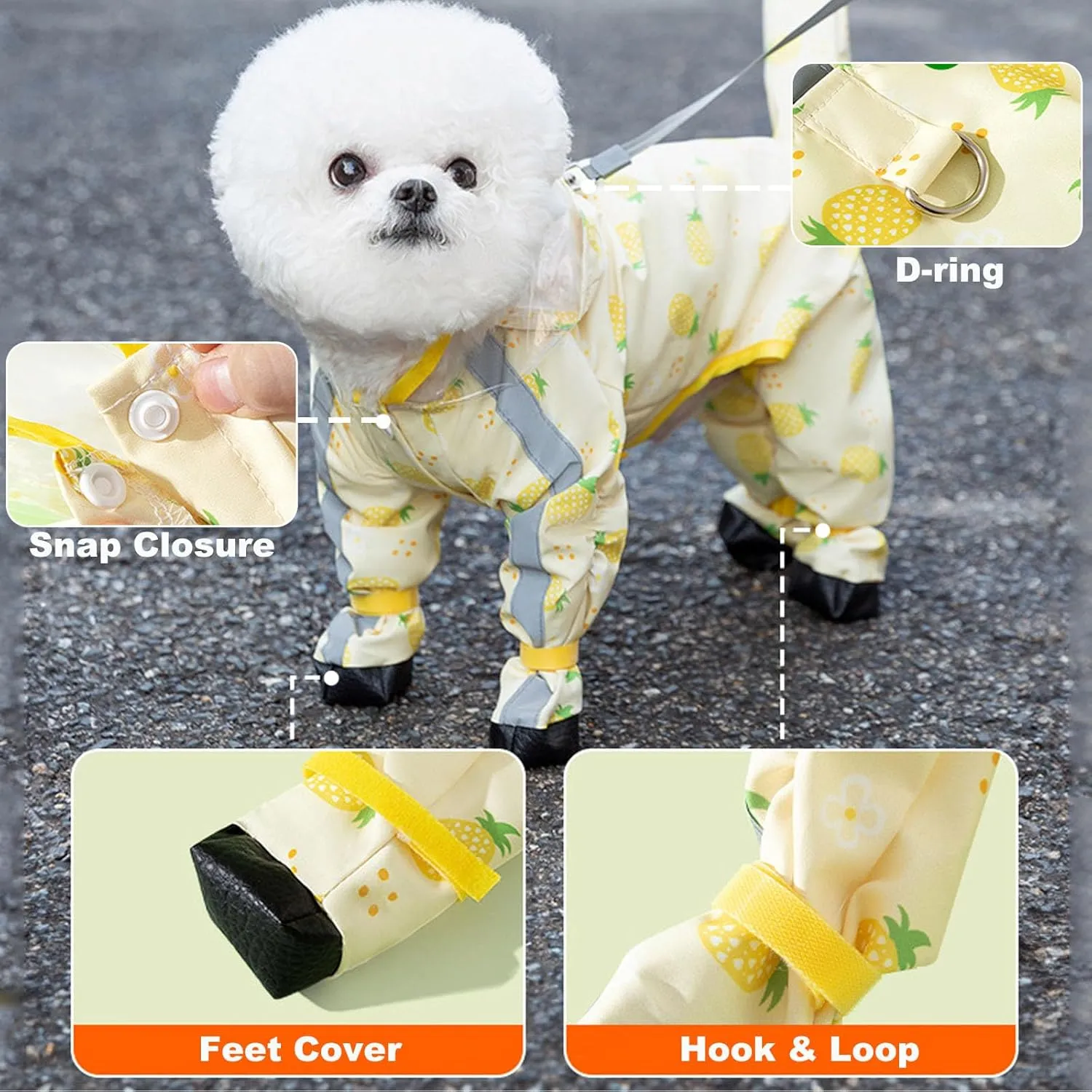 Junchl Small Dog Raincoat Rainboots with D-Ring, Full Coverage Dog Rain Jacket Slicker Poncho, Waterproof Dog Rain Jacket with Reflective Strip, Rainboot, Tail Cover Pineapple S