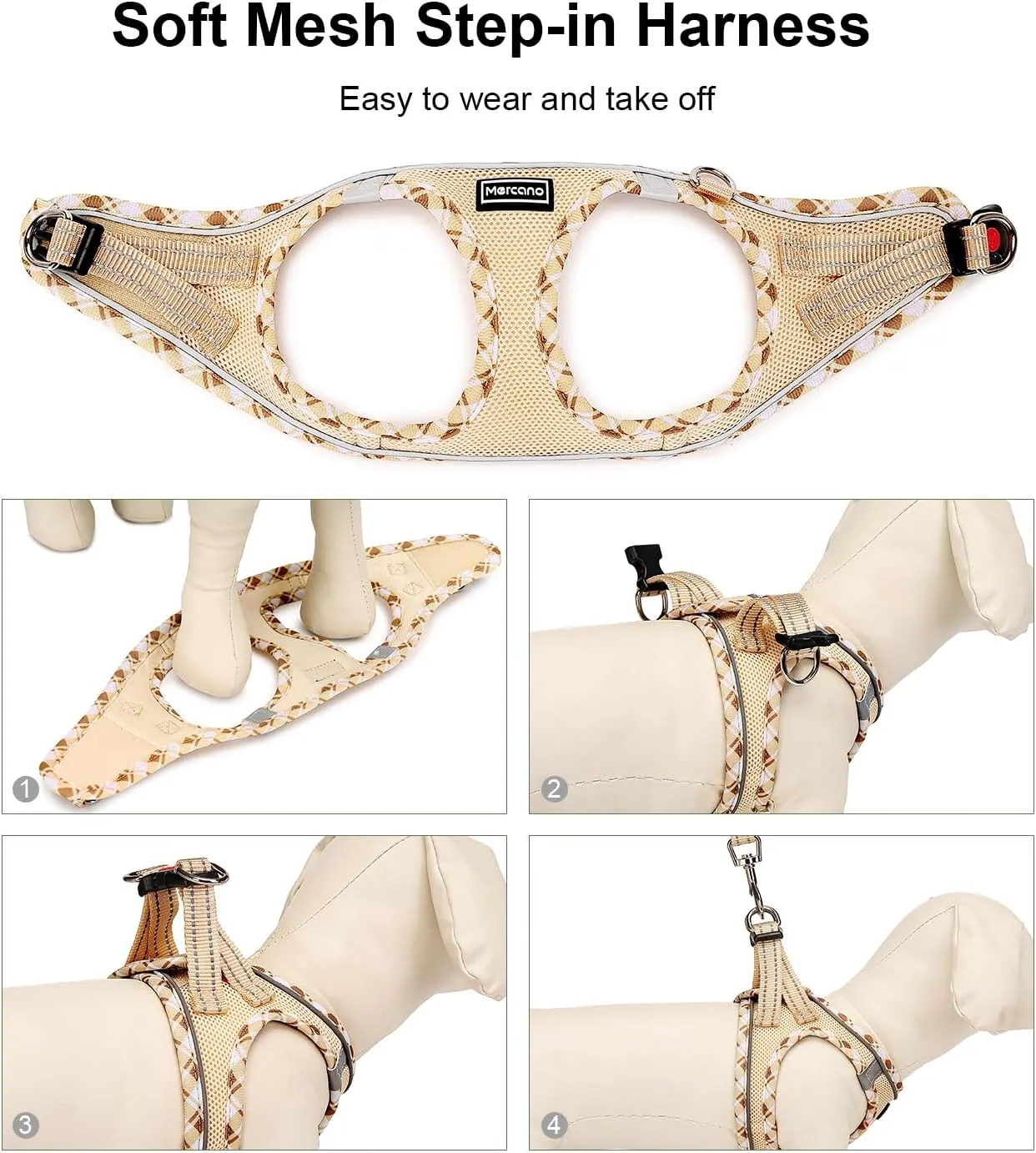 Mercano Soft Mesh Dog Harness and Leash Set, No-Chock Step-in Reflective Breathable Lightweight Easy Walk Vest Harnesses with Safety Buckle for Small Dogs, Cats (Beige, S)