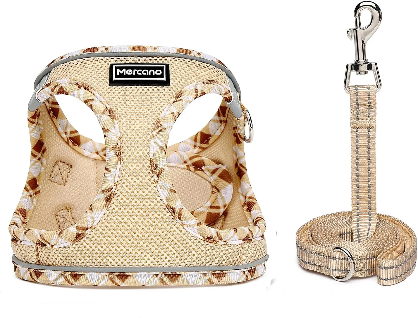 Mercano Soft Mesh Dog Harness and Leash Set, No-Chock Step-in Reflective Breathable Lightweight Easy Walk Vest Harnesses with Safety Buckle for Small Dogs, Cats (Beige, S)