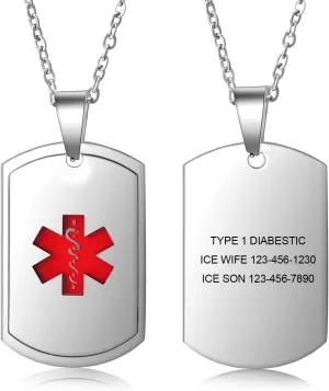 Nameinhea Medical Alert Necklace for Men Women Stainless Steel Necklace Personalized Custom Medical ID Tags Emergency Alert Dog Tag Pendent Necklace