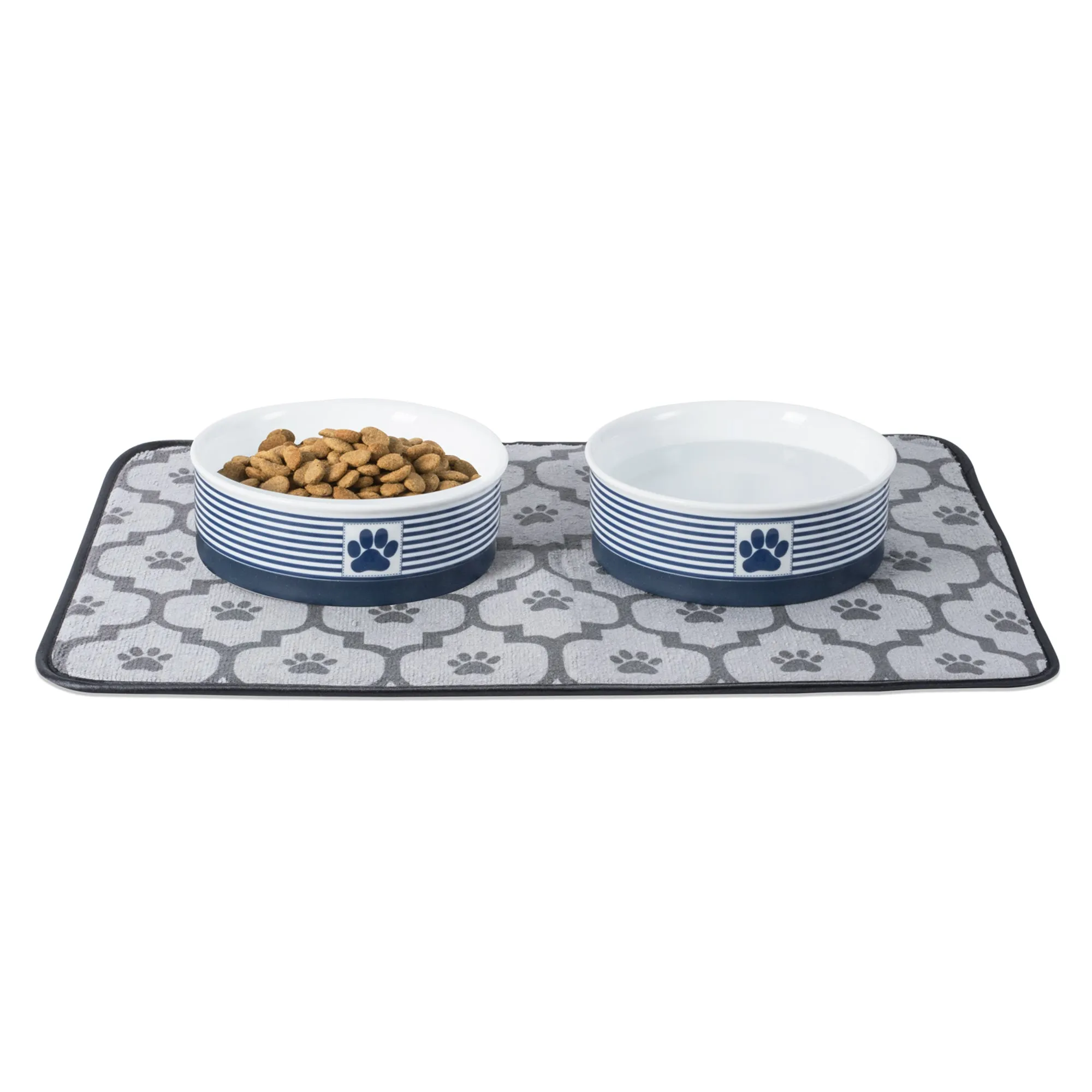 Nautical Blue Striped Paw Patch Single Pet Bowl, Medium, 1.5 C. Capacity