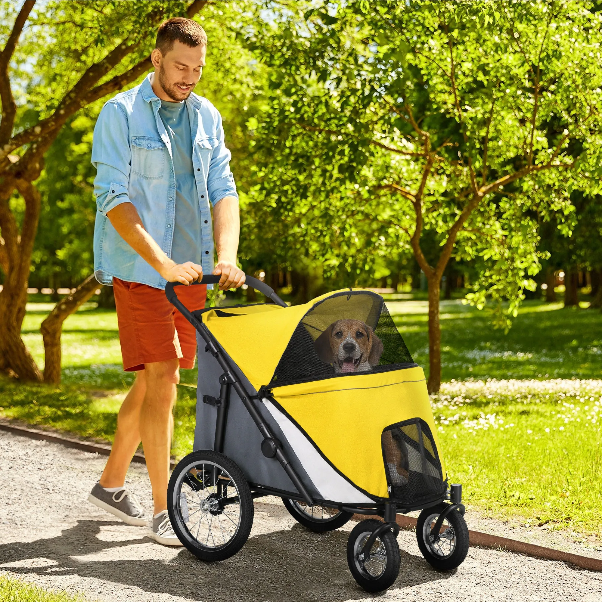 PawHut Foldable Pet Stroller, with Washable Cushion, Storage Bags, Safety Leash, for Medium, Large Dogs, Cats - Yellow