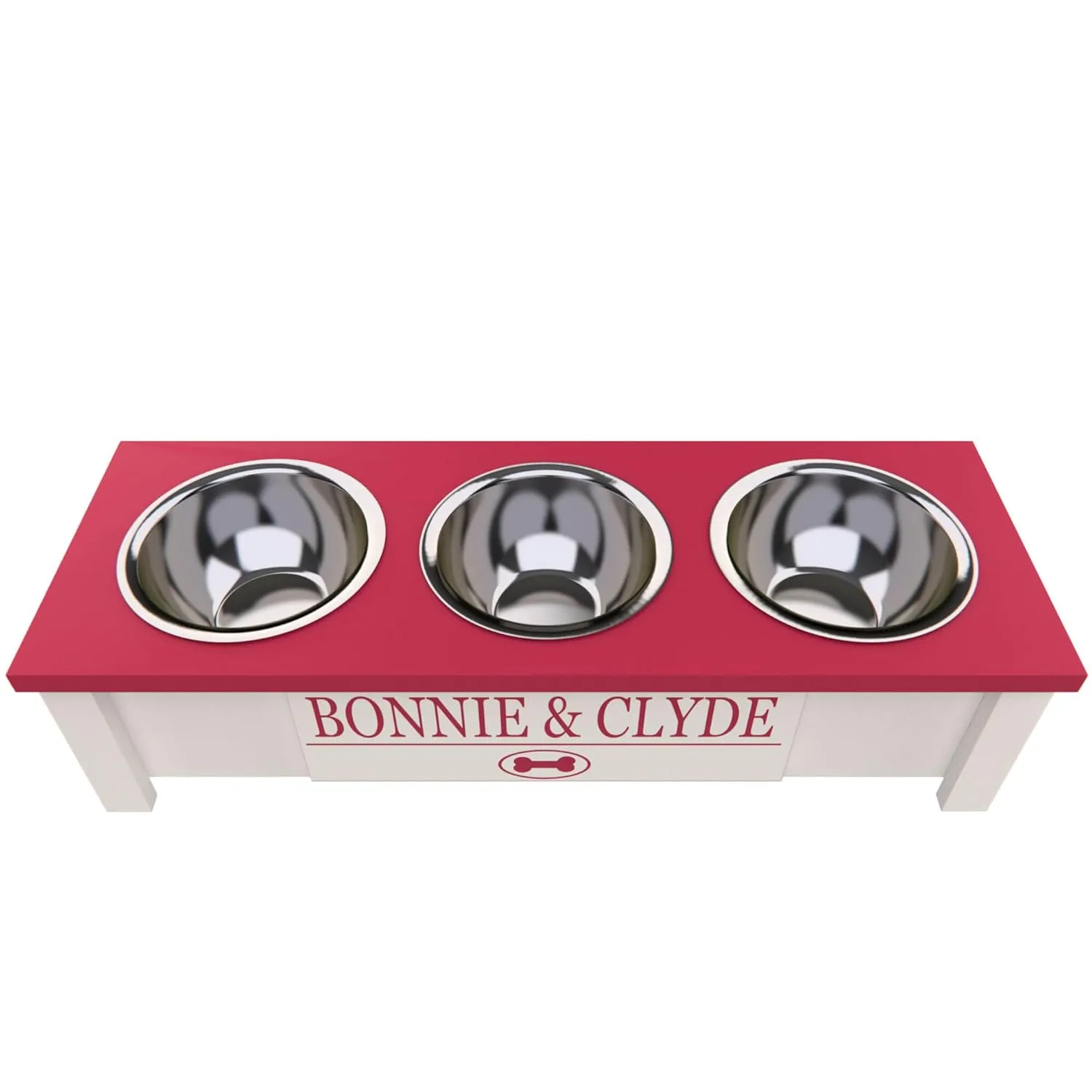 Personalized Elevated Triple Dog Bowl Stand for Large, Medium, Small, X-Small Dogs - 3 Stainless Steel Food and Water Bowls - Raised Dog Dish with Internal Storage (Small, Pink)