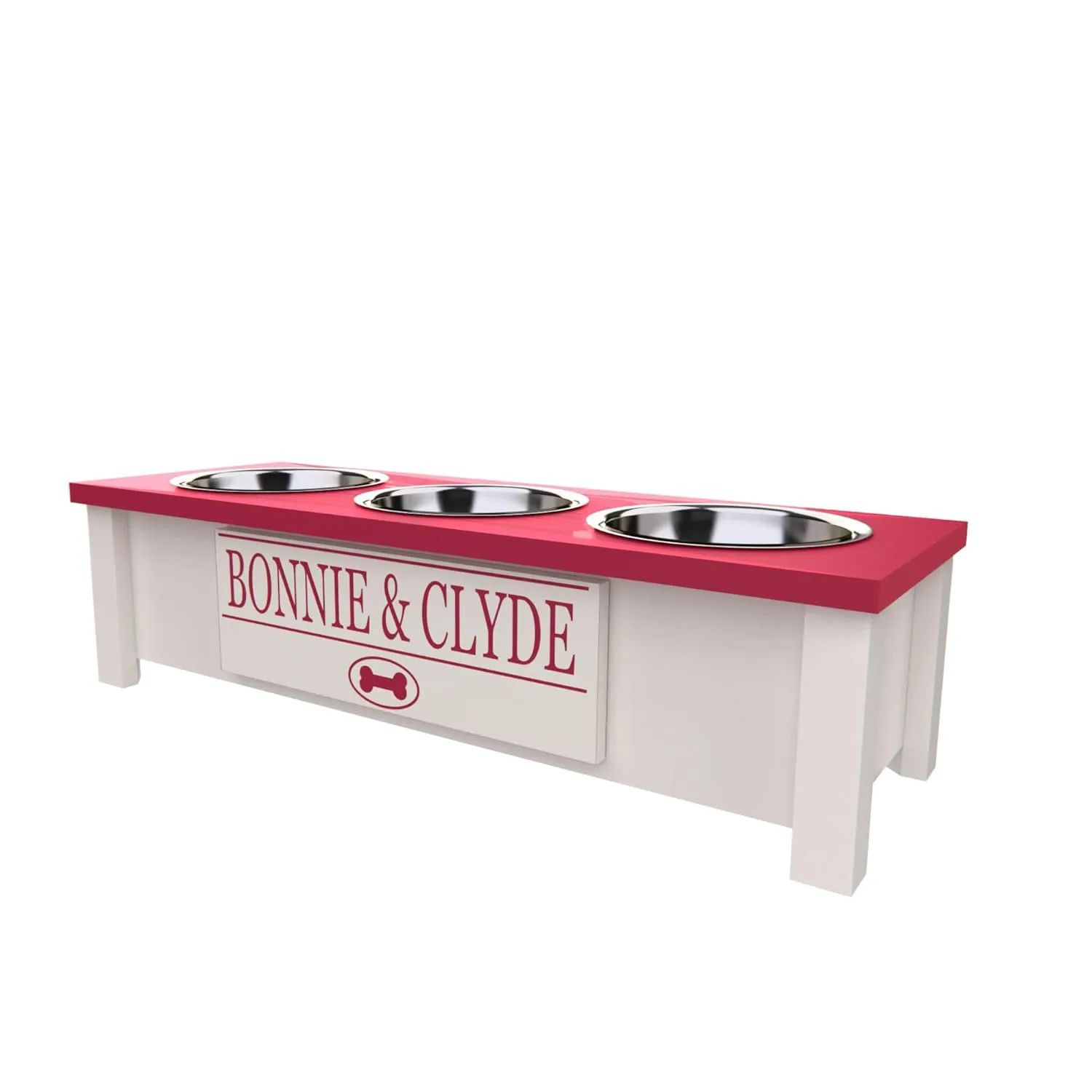 Personalized Elevated Triple Dog Bowl Stand for Large, Medium, Small, X-Small Dogs - 3 Stainless Steel Food and Water Bowls - Raised Dog Dish with Internal Storage (Small, Pink)