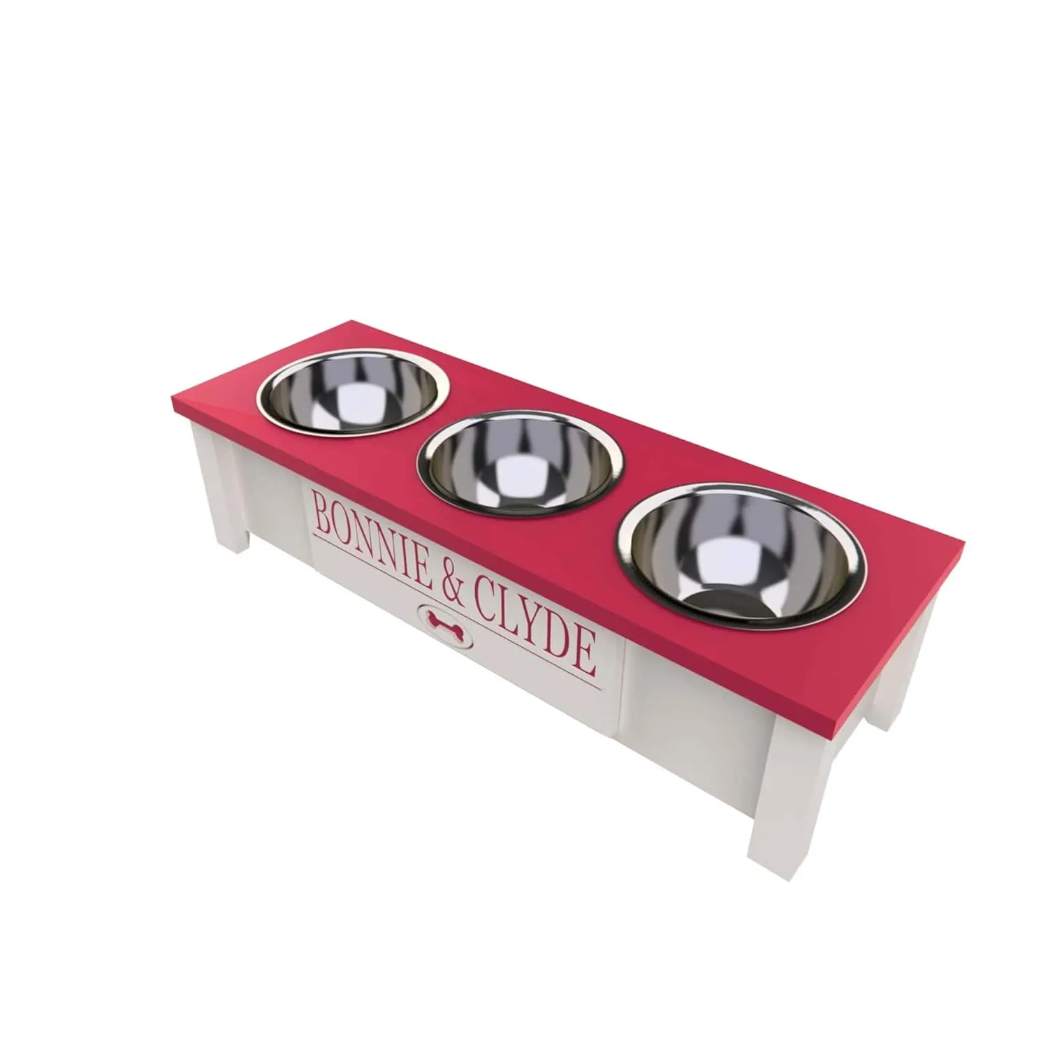 Personalized Elevated Triple Dog Bowl Stand for Large, Medium, Small, X-Small Dogs - 3 Stainless Steel Food and Water Bowls - Raised Dog Dish with Internal Storage (Small, Pink)