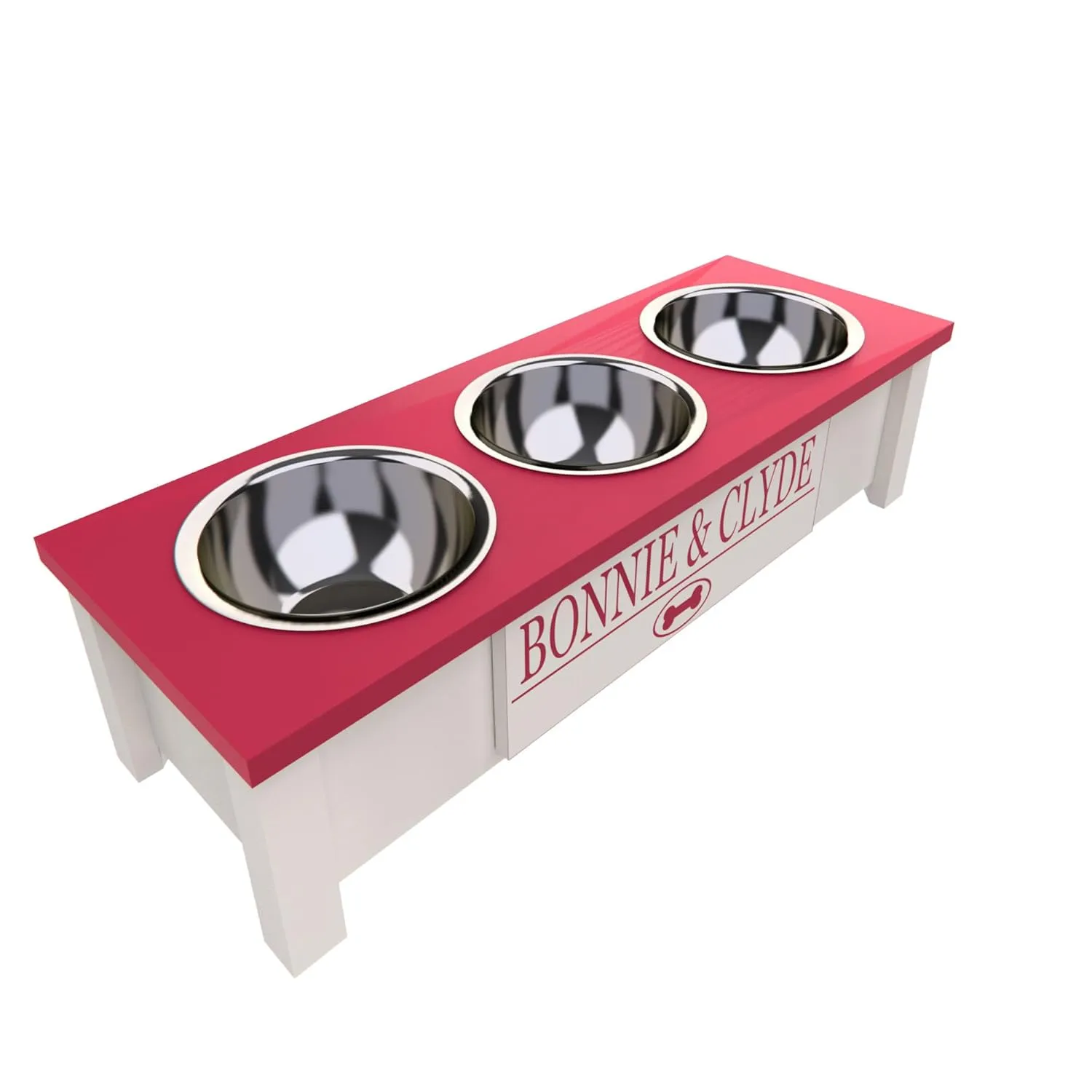 Personalized Elevated Triple Dog Bowl Stand for Large, Medium, Small, X-Small Dogs - 3 Stainless Steel Food and Water Bowls - Raised Dog Dish with Internal Storage (Small, Pink)