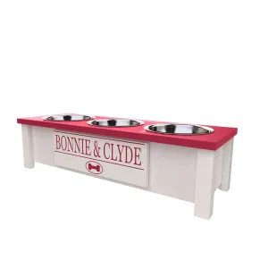 Personalized Elevated Triple Dog Bowl Stand for Large, Medium, Small, X-Small Dogs - 3 Stainless Steel Food and Water Bowls - Raised Dog Dish with Internal Storage (Small, Pink)