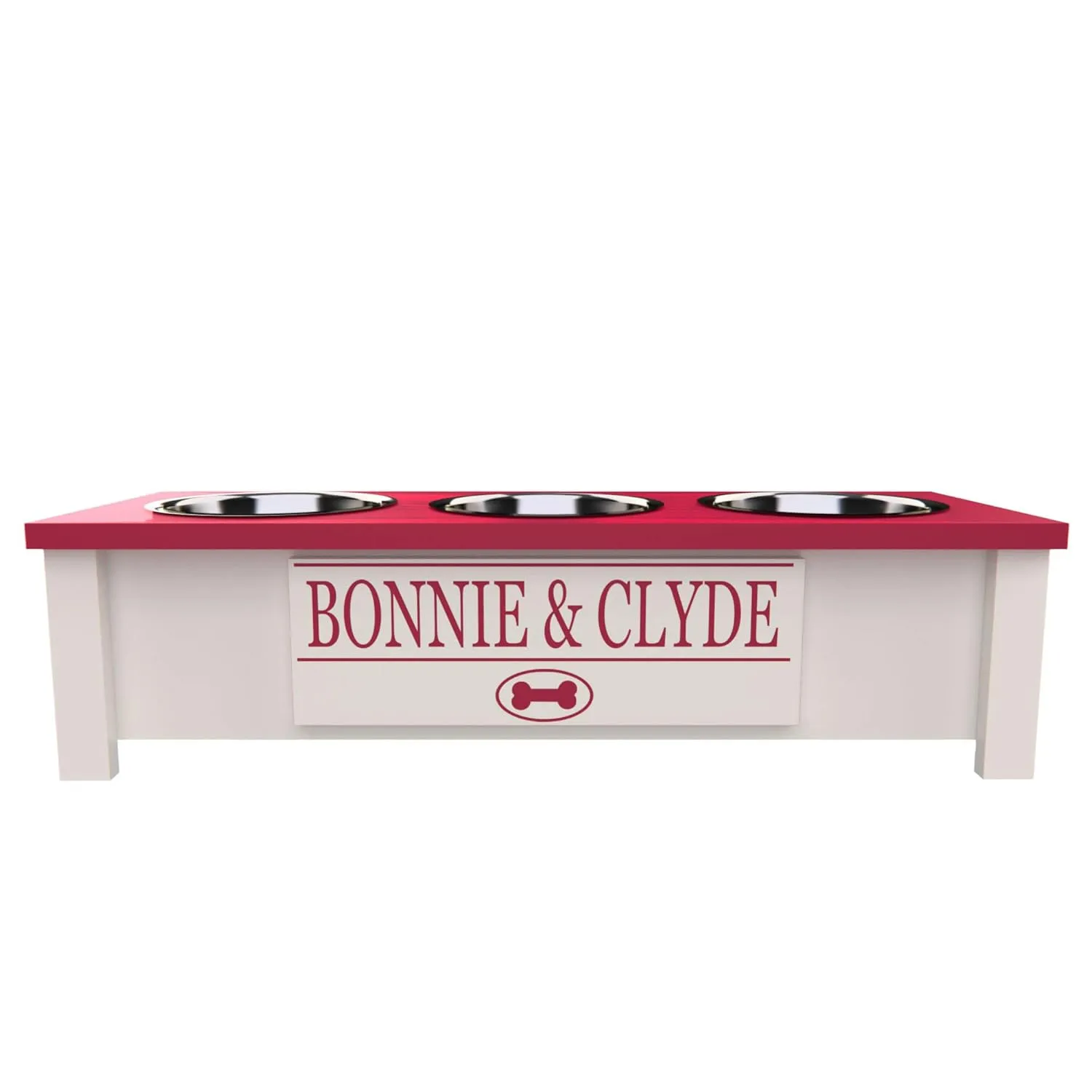 Personalized Elevated Triple Dog Bowl Stand for Large, Medium, Small, X-Small Dogs - 3 Stainless Steel Food and Water Bowls - Raised Dog Dish with Internal Storage (Small, Pink)