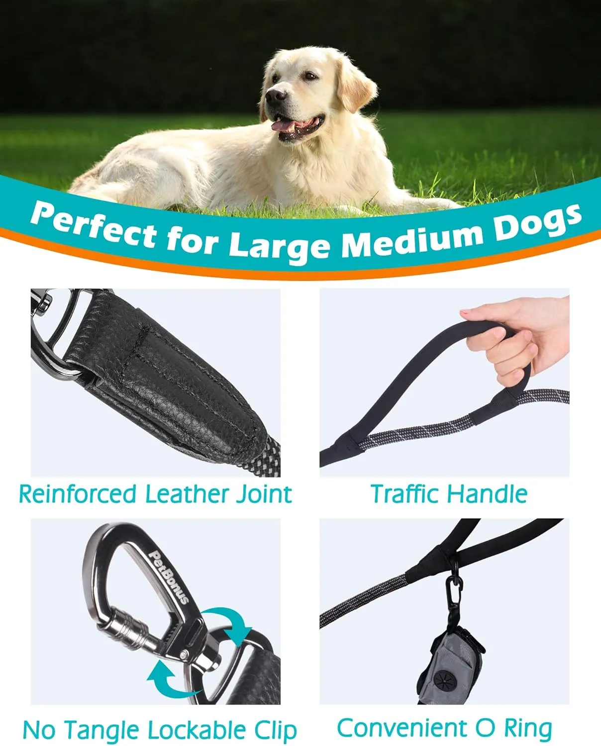 PetBonus Double Handle Rope Dog Leash, 5FT/6FT Heavy Duty Training Lead with Lockable Hook and 2 Comfortable Padded Handles, Reflective Walking Nylon Leash for Small Medium Dogs (1/2" x 6 FT, Black)