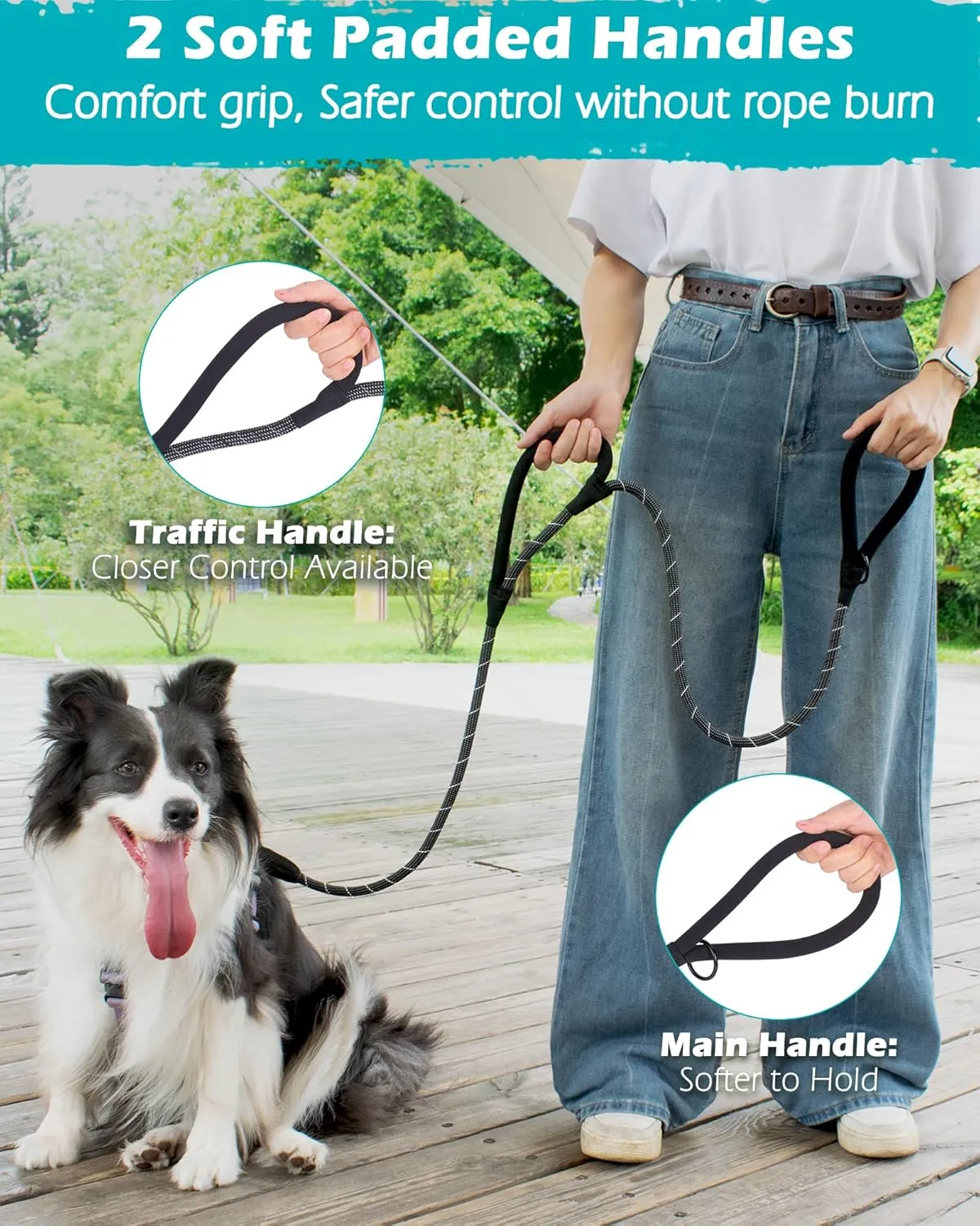 PetBonus Double Handle Rope Dog Leash, 5FT/6FT Heavy Duty Training Lead with Lockable Hook and 2 Comfortable Padded Handles, Reflective Walking Nylon Leash for Small Medium Dogs (1/2" x 6 FT, Black)