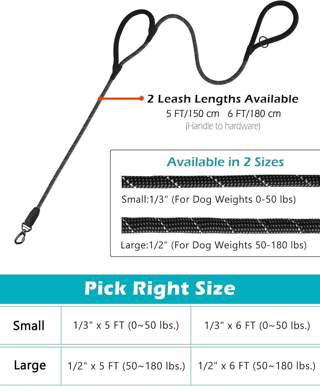 PetBonus Double Handle Rope Dog Leash, 5FT/6FT Heavy Duty Training Lead with Lockable Hook and 2 Comfortable Padded Handles, Reflective Walking Nylon Leash for Small Medium Dogs (1/2" x 6 FT, Black)