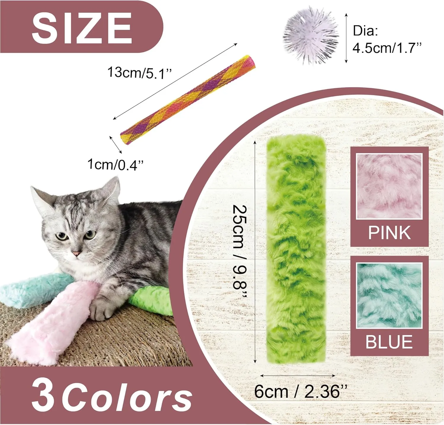 PetLike 5Pcs Cat Toys Interactive Catnip Toys Crinkle Paper and Catnip Inside Colorful Plush Kitten Kicker for Cats (Pink Green Blue)
