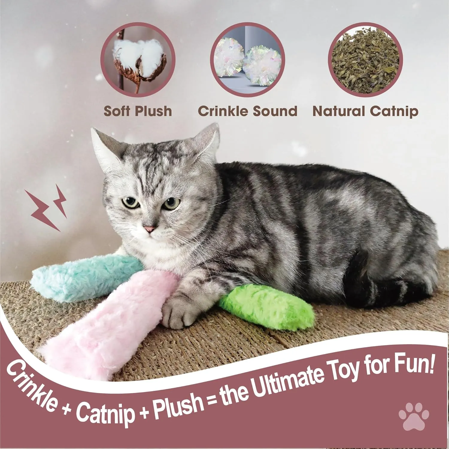 PetLike 5Pcs Cat Toys Interactive Catnip Toys Crinkle Paper and Catnip Inside Colorful Plush Kitten Kicker for Cats (Pink Green Blue)