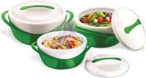 Pinnacle Insulated Casserole Dish with Lid 3 pc. set 2.6/1.25/.6 qt. Elegant Hot Pot Food Warmer/Cooler - Large Thermal Soup/Salad Serving Bowl- Stainless Steel Best Gift Set for Moms  Holidays Green