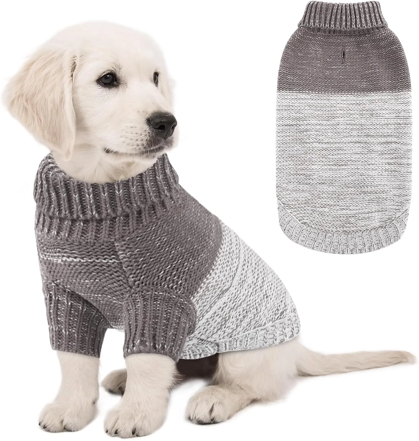 Queenmore Knitted Pullover Dog Sweater, Turtleneck Pet Cat Sweater, Cold Weather Puppy Clothes Stitching Knitwear with Leash Hole for Small Medium DogsGrey,XS