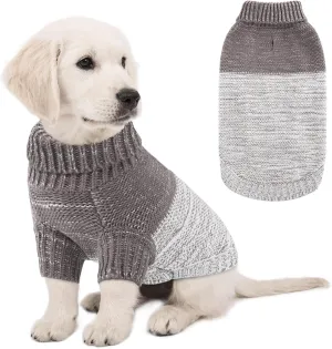 Queenmore Knitted Pullover Dog Sweater, Turtleneck Pet Cat Sweater, Cold Weather Puppy Clothes Stitching Knitwear with Leash Hole for Small Medium DogsGrey,XS