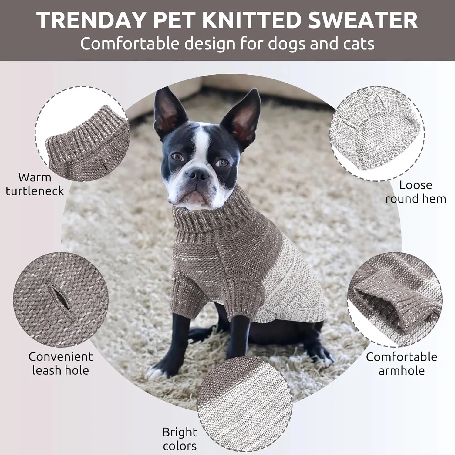 Queenmore Knitted Pullover Dog Sweater, Turtleneck Pet Cat Sweater, Cold Weather Puppy Clothes Stitching Knitwear with Leash Hole for Small Medium DogsGrey,XS