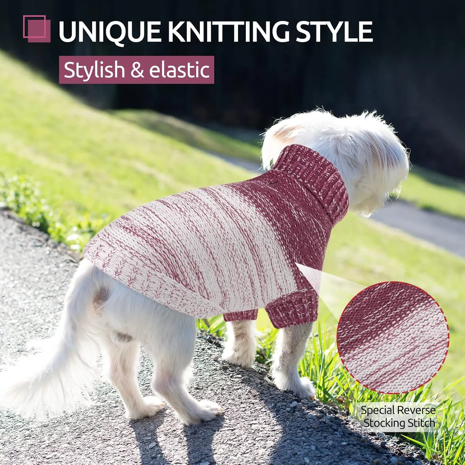 Queenmore Knitted Pullover Dog Sweater, Turtleneck Pet Cat Sweater, Cold Weather Puppy Clothes Stitching Knitwear with Leash Hole for Small Medium DogsPurple,S