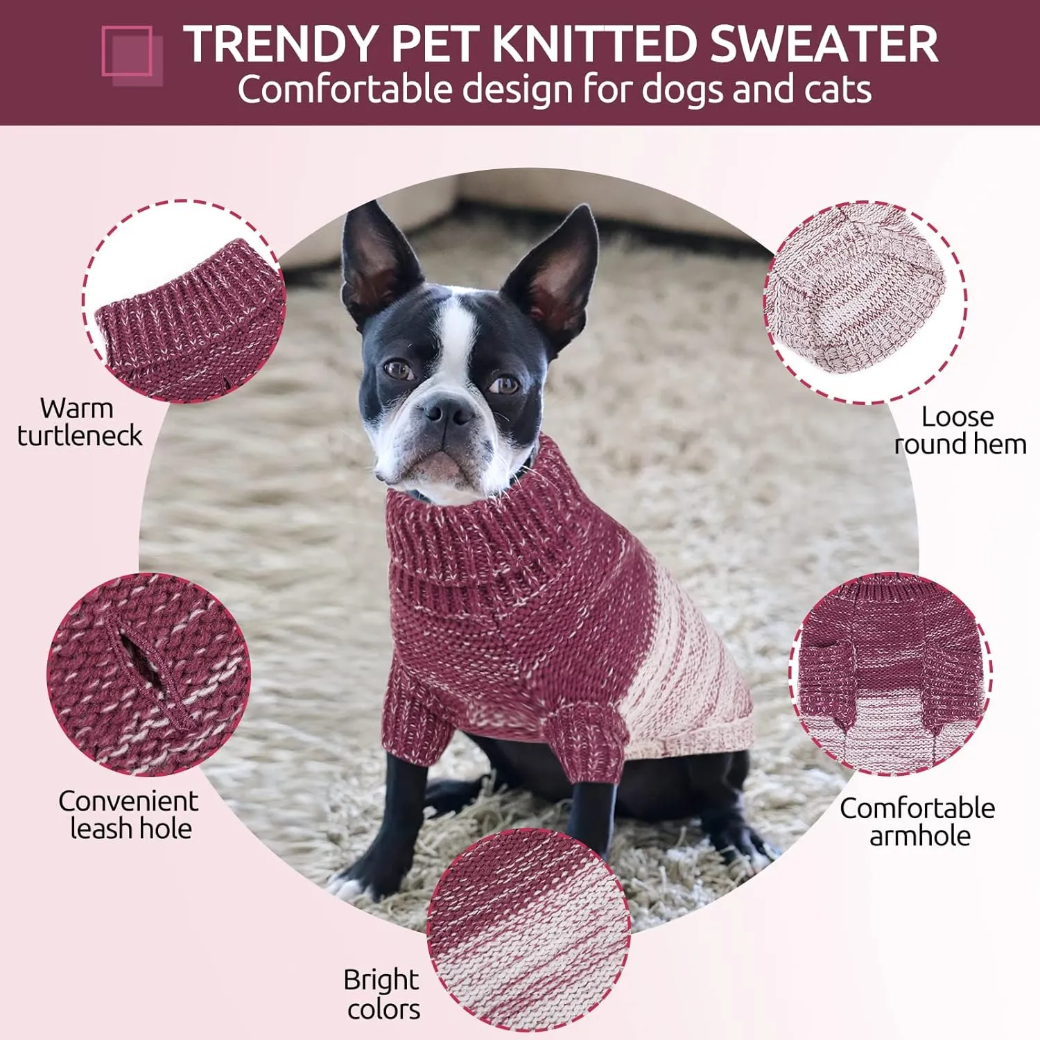 Queenmore Knitted Pullover Dog Sweater, Turtleneck Pet Cat Sweater, Cold Weather Puppy Clothes Stitching Knitwear with Leash Hole for Small Medium DogsPurple,S