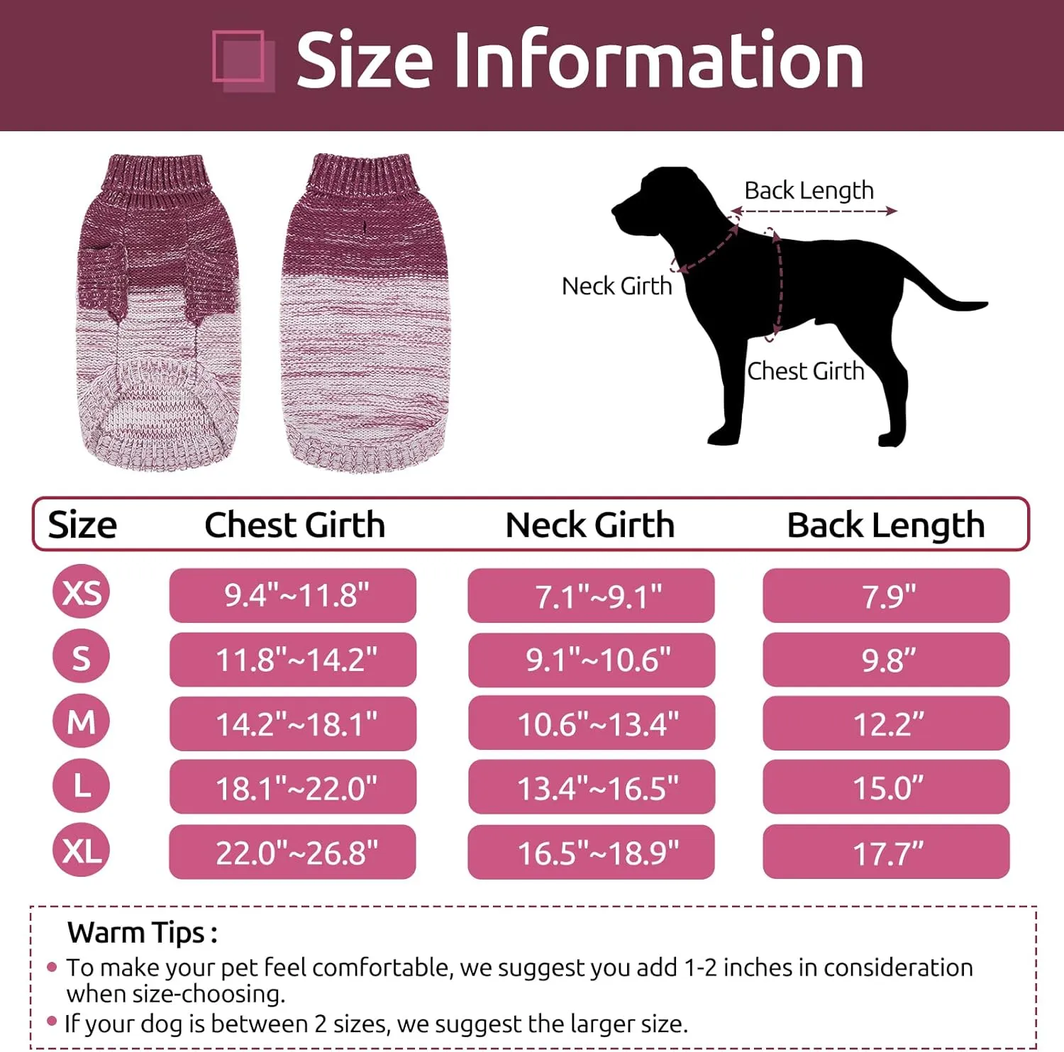 Queenmore Knitted Pullover Dog Sweater, Turtleneck Pet Cat Sweater, Cold Weather Puppy Clothes Stitching Knitwear with Leash Hole for Small Medium DogsPurple,S