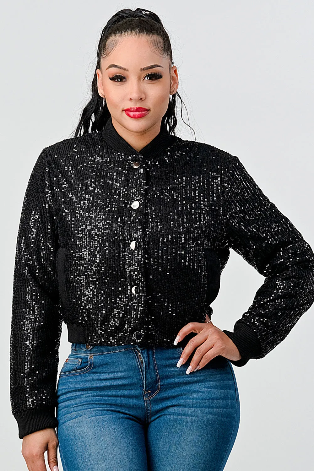 SEQUINS BUTTONS CROPPED BOMBER JACKETS