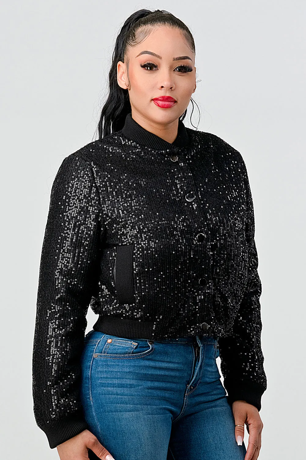 SEQUINS BUTTONS CROPPED BOMBER JACKETS
