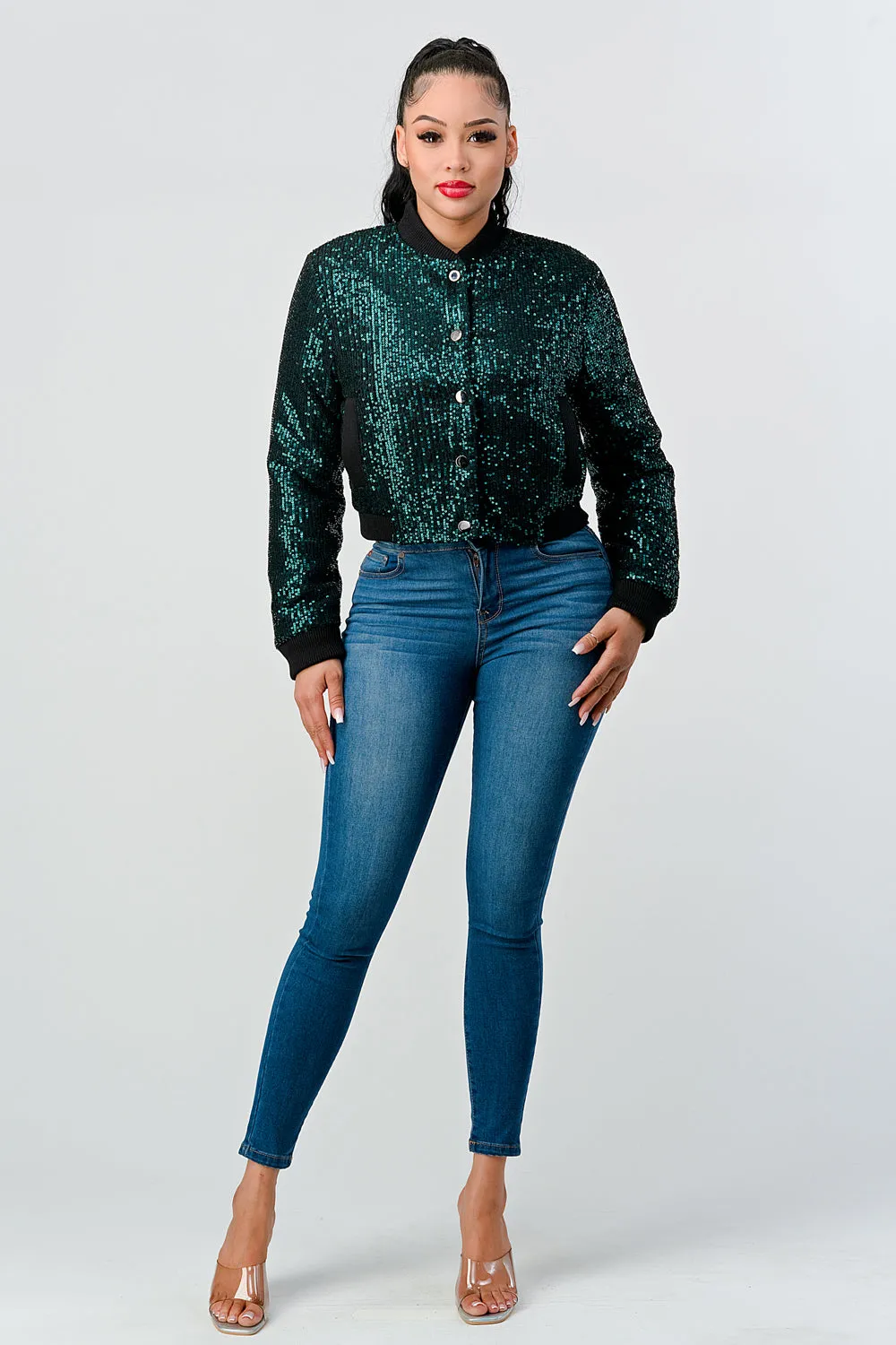 SEQUINS BUTTONS CROPPED BOMBER JACKETS