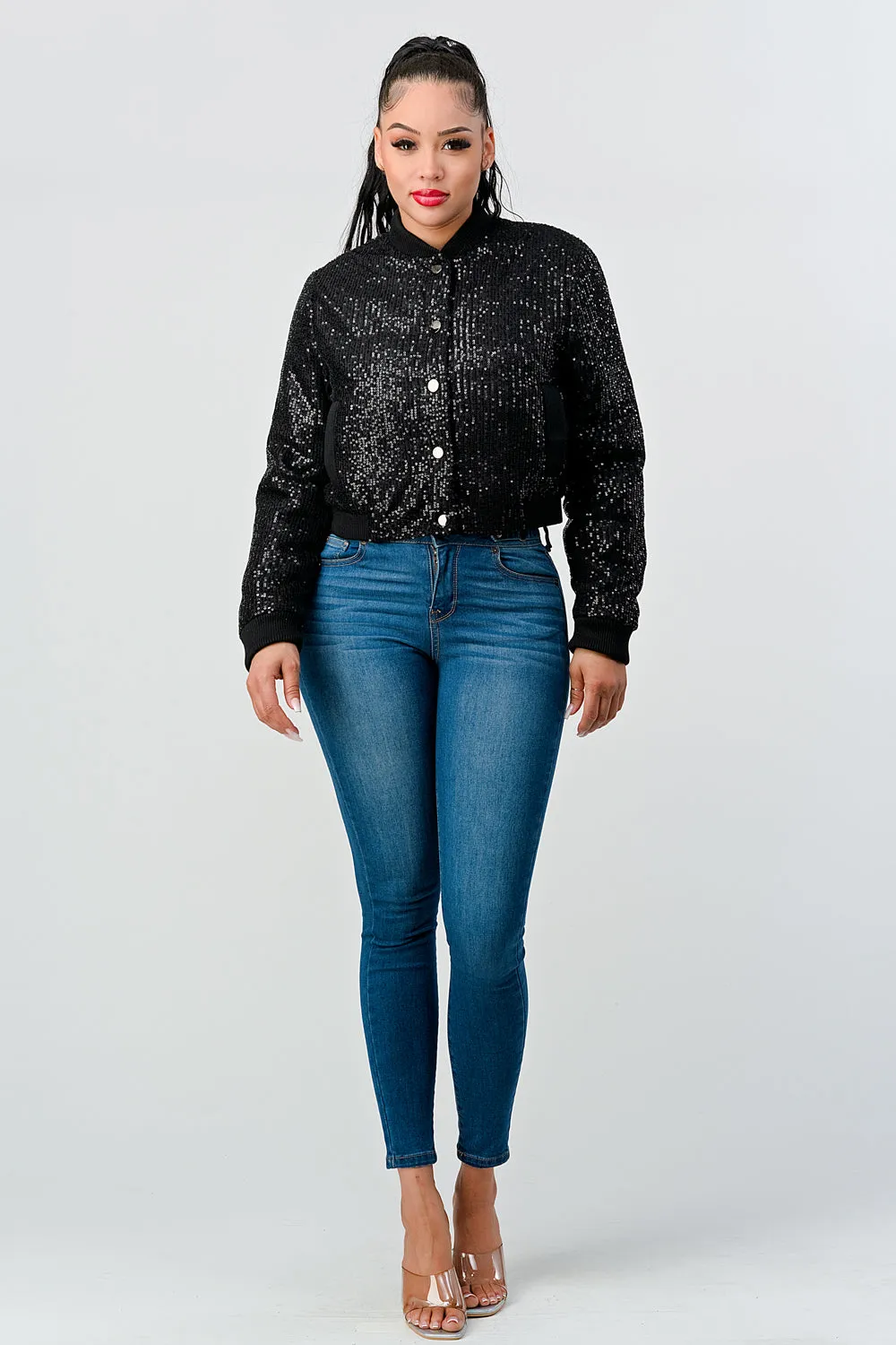 SEQUINS BUTTONS CROPPED BOMBER JACKETS