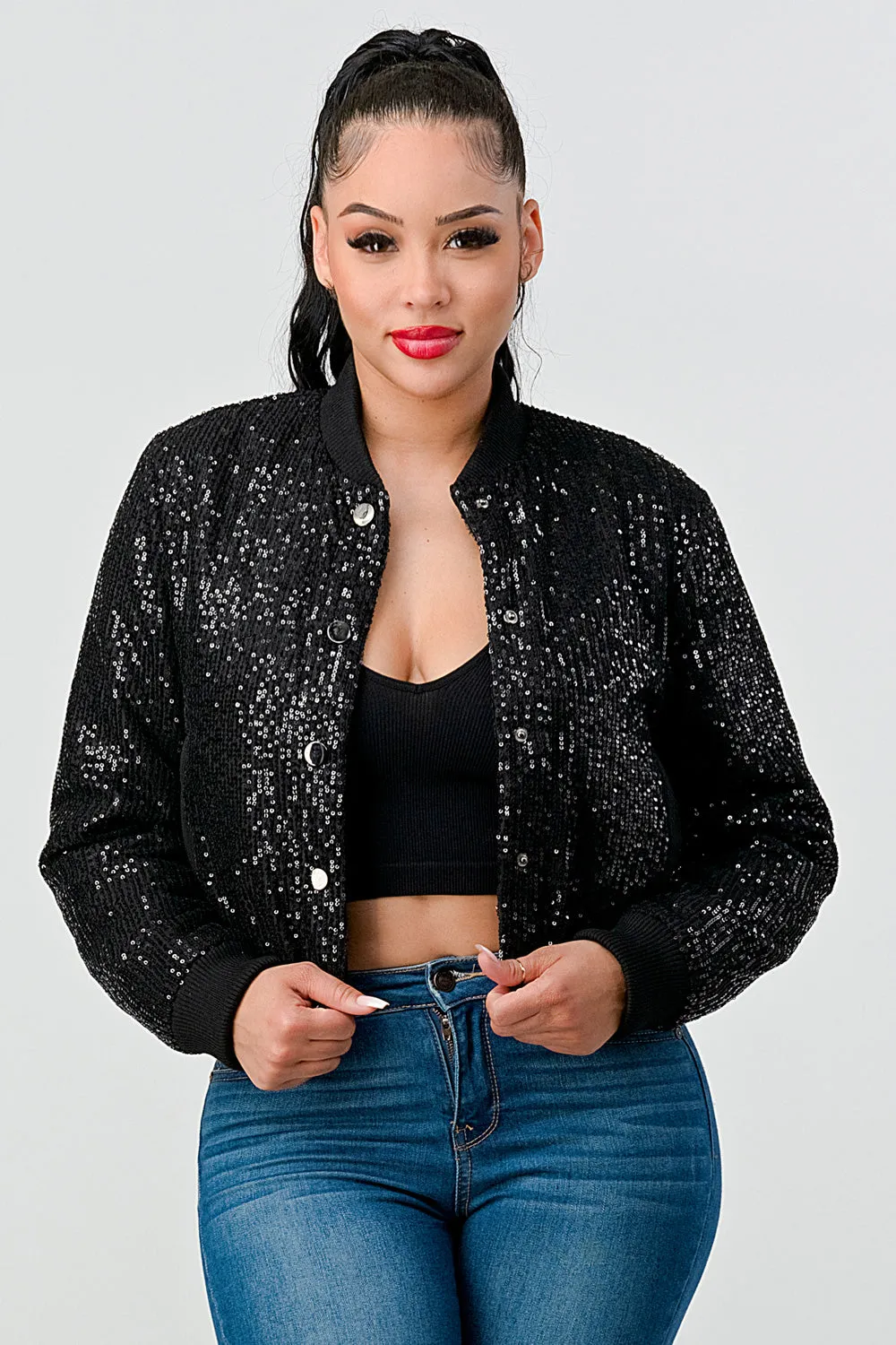 SEQUINS BUTTONS CROPPED BOMBER JACKETS