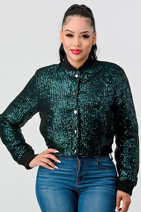 SEQUINS BUTTONS CROPPED BOMBER JACKETS