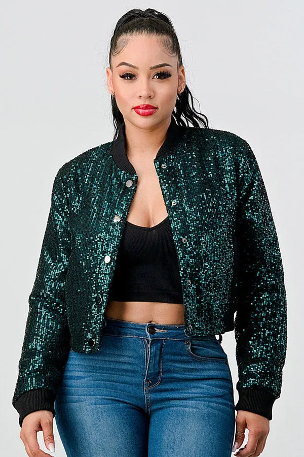 SEQUINS BUTTONS CROPPED BOMBER JACKETS