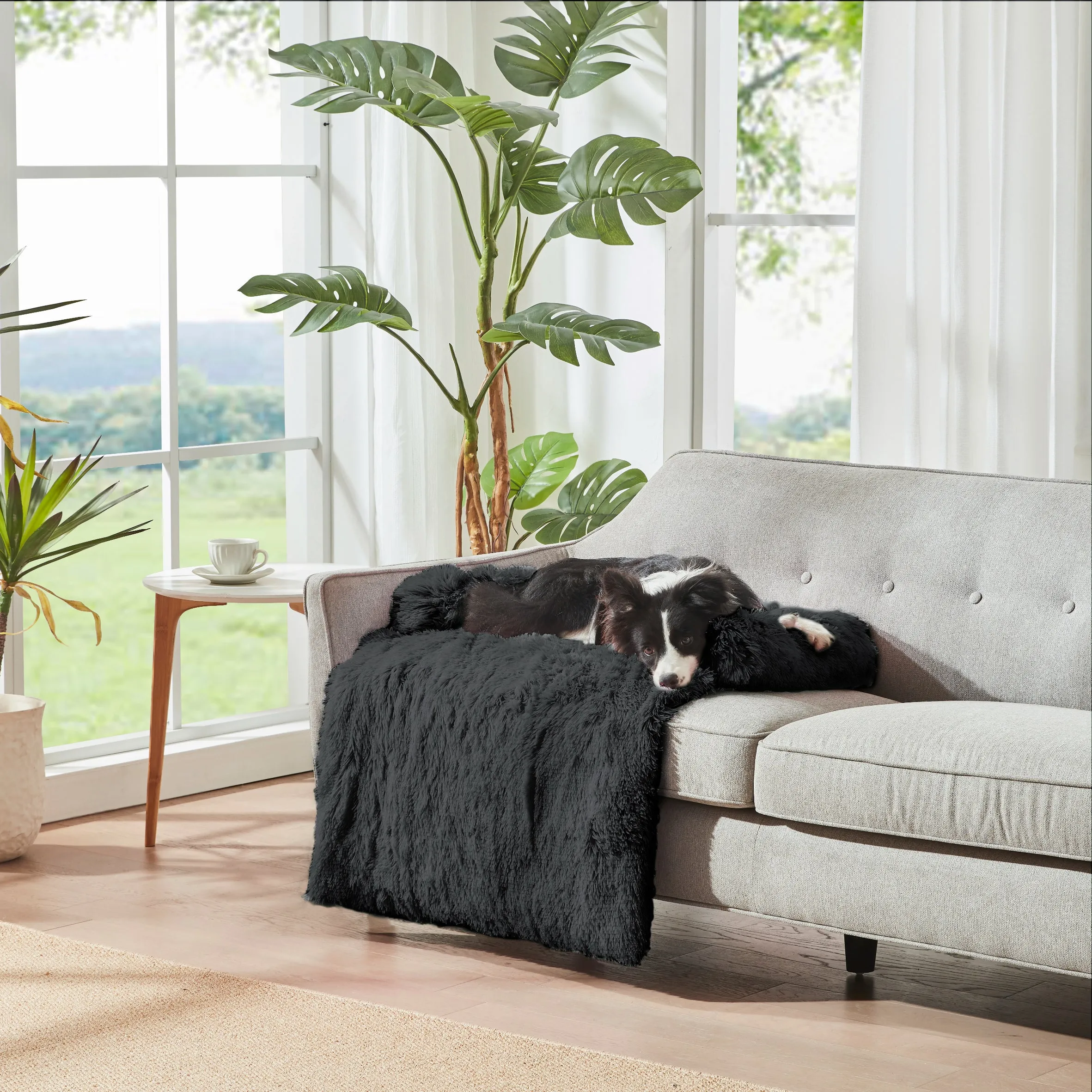 Shaggy Faux Fur Bolster Sofa Protector Pet Bed - Charcoal