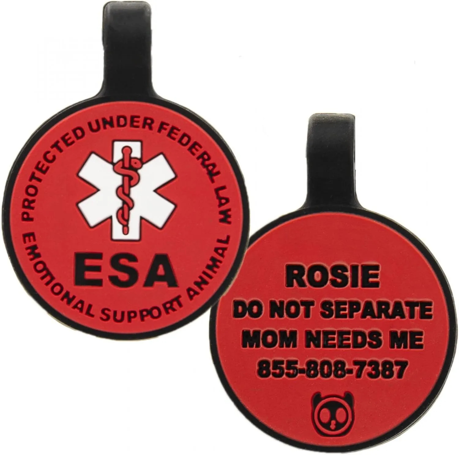 Silent Engraved Emotional Support Animal (ESA) Personalized with 4 Lines of Custom Engraved ID Silent Silicone Pet Tag Red