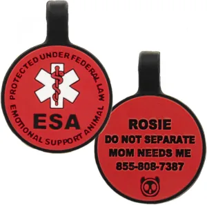 Silent Engraved Emotional Support Animal (ESA) Personalized with 4 Lines of Custom Engraved ID Silent Silicone Pet Tag Red