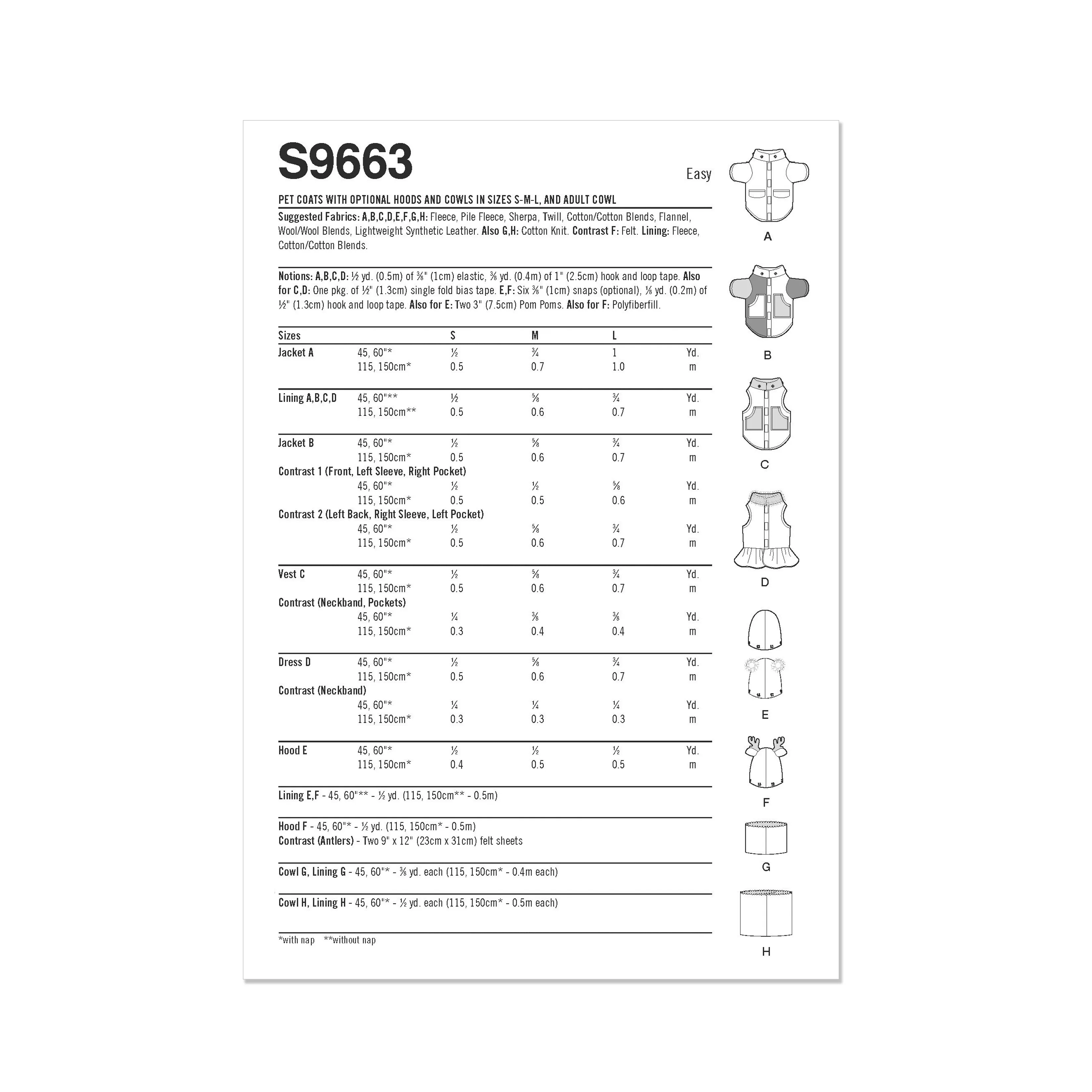 Simplicity pattern 9663 Pet Coats with Optional Hoods and Cowls