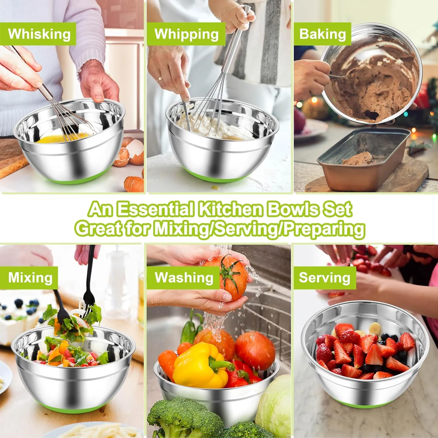 TeamFar Mixing Bowls, Stainless Steel Mixing Bowls with Lids, Nesting Salad Bowls with Air-tight Lids & Non-slip Bottom, Dishwasher Safe & Stackable, Set of 6-4.6/2.6/2 / 1.5/1 / 0.7 Qt
