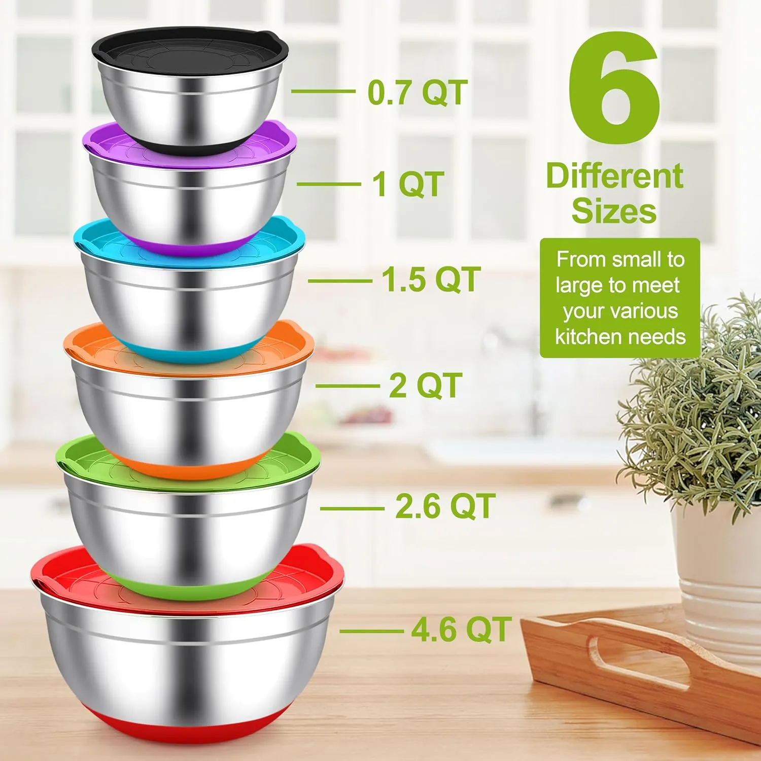 TeamFar Mixing Bowls, Stainless Steel Mixing Bowls with Lids, Nesting Salad Bowls with Air-tight Lids & Non-slip Bottom, Dishwasher Safe & Stackable, Set of 6-4.6/2.6/2 / 1.5/1 / 0.7 Qt
