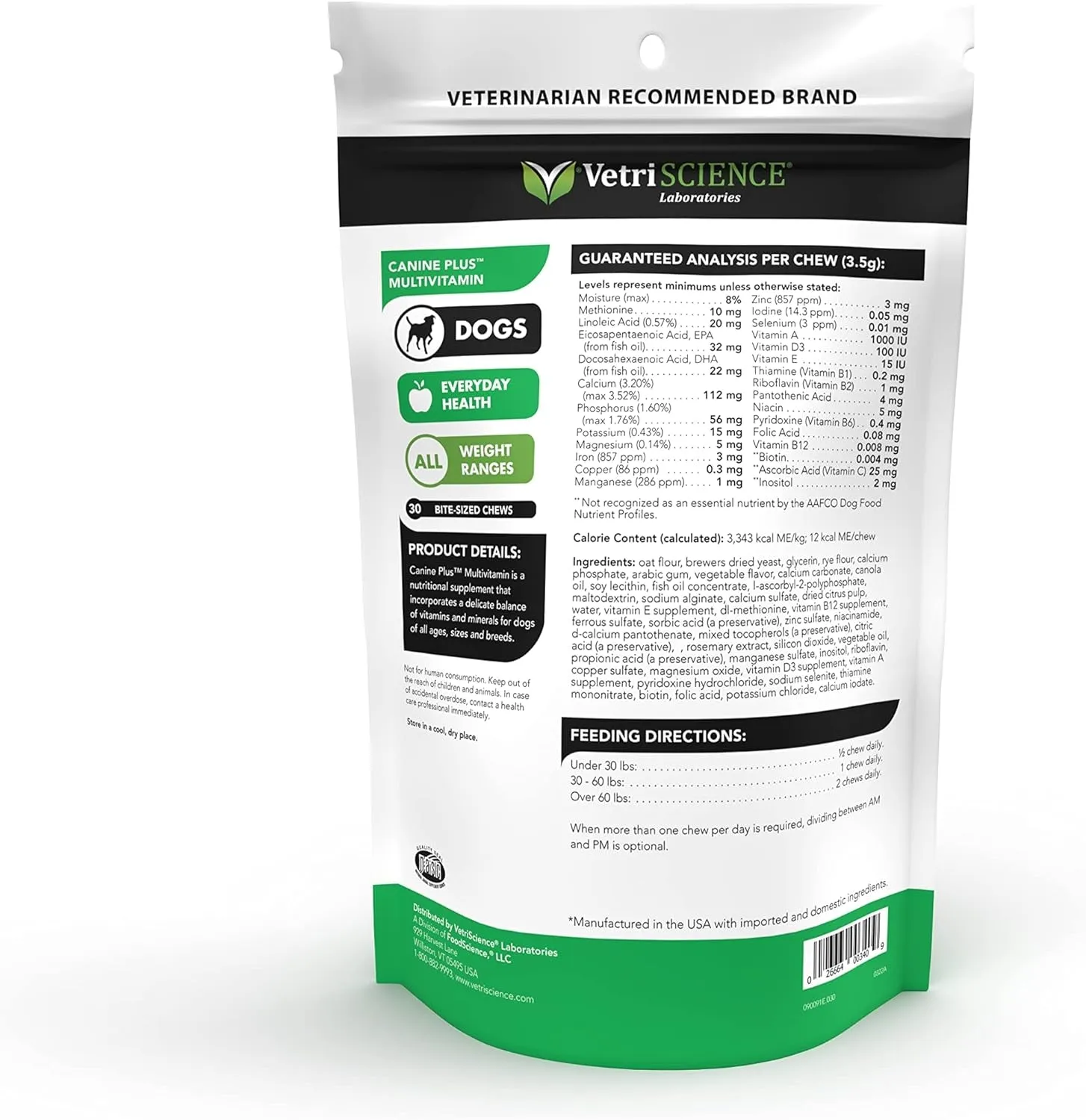 VETRISCIENCE Canine plus Multivitamin for Dogs - Vet Recommended Vitamin Supplement - Supports Mood, Skin, Coat, Liver Function,All Dogs,30 Chews